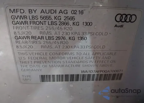 2016 Audi Q5 3.0T Premium Plus из США, поврежденный, VIN WA1D7AFP0GA100671